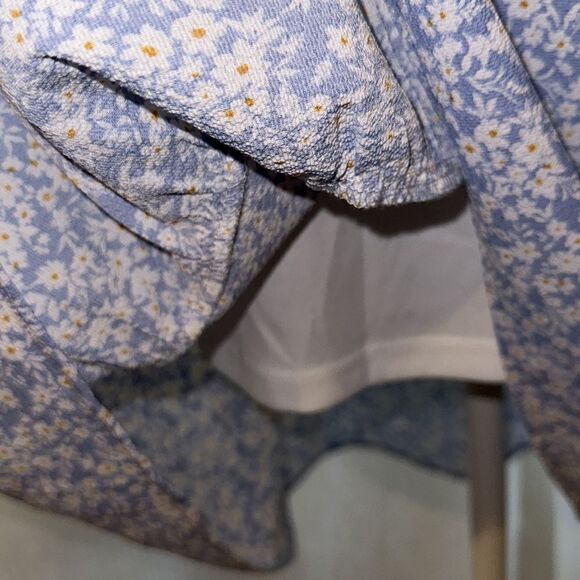 monteau S Blue White Gold Ditsy Floral Flutter Short Sleeve Tiered Midi Dress - Picture 9 of 12